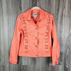 AMX Womens Med‎ Coral Orange Lace Up Grommet Denim Style Trucker Jacket Western